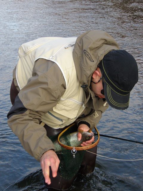 Łukasz wyjmuje lipienia z podbieraka