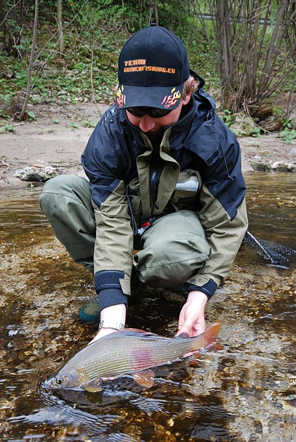 Mateusz wypuszcza dużego lipienia - Słowenia - Łowienie na muchę - www.przewodnicywedkarscy.pl - Wyprawy wędkarskie