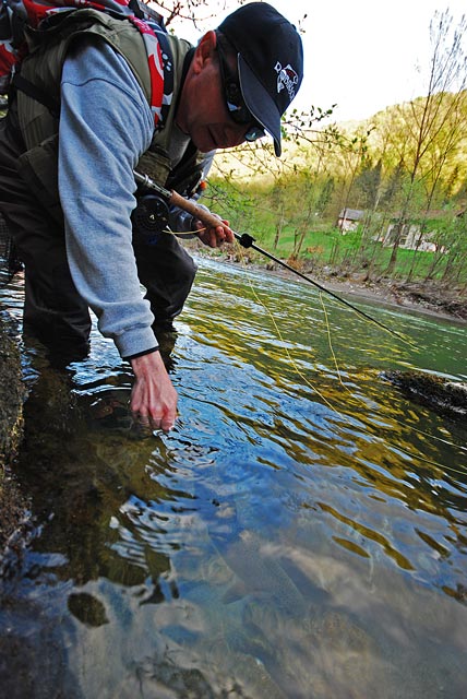 Sebastian wypuszcza pstrąga - Słowenia - Łowienie na muchę - www.przewodnicywedkarscy.pl - Wyprawy wędkarskie