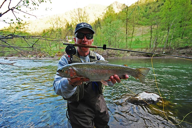 Duży pstrąg tęczowy z Idrijcy - Słowenia - Łowienie na muchę - www.przewodnicywedkarscy.pl - Wyprawy wędkarskie
